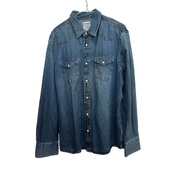 Wrangler 27MW Icons Western Cowboy Pearl Snap Denim Shirt Size Large - Picture 1 of 5